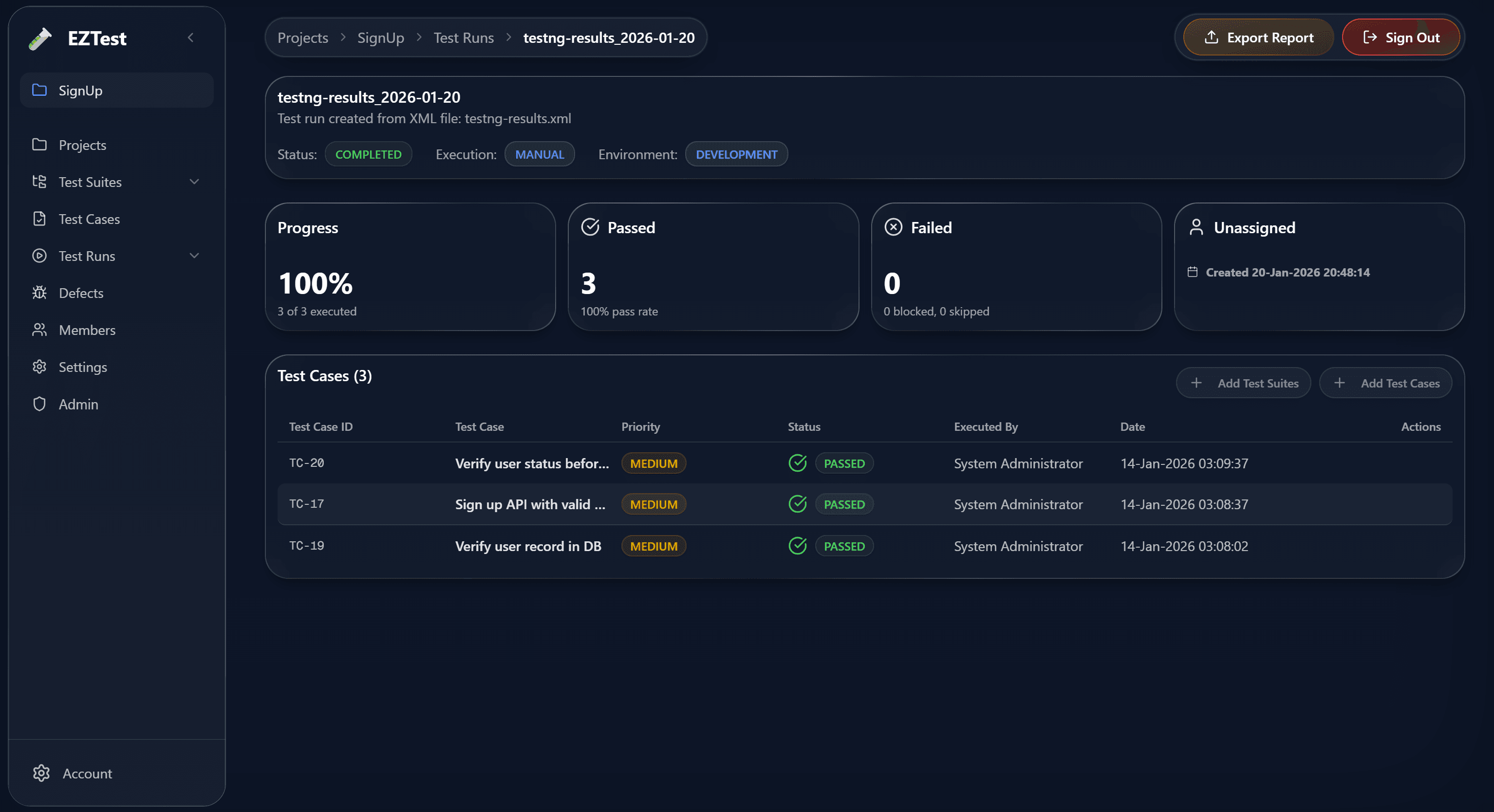 EZTest unified traceability dashboard